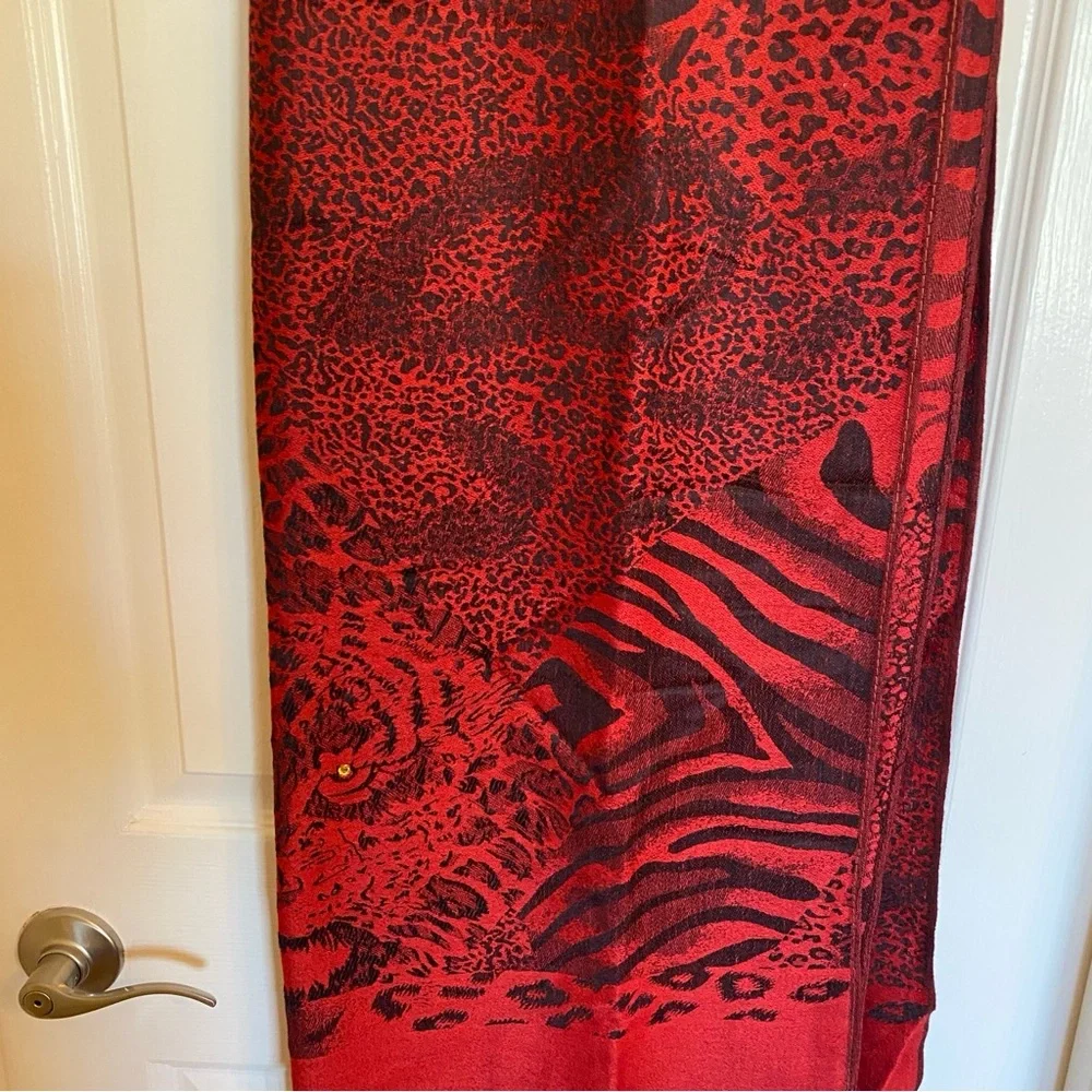 Pashmina Scarf Tiger Print Red and Black, Yellow Rhinestone Eyes